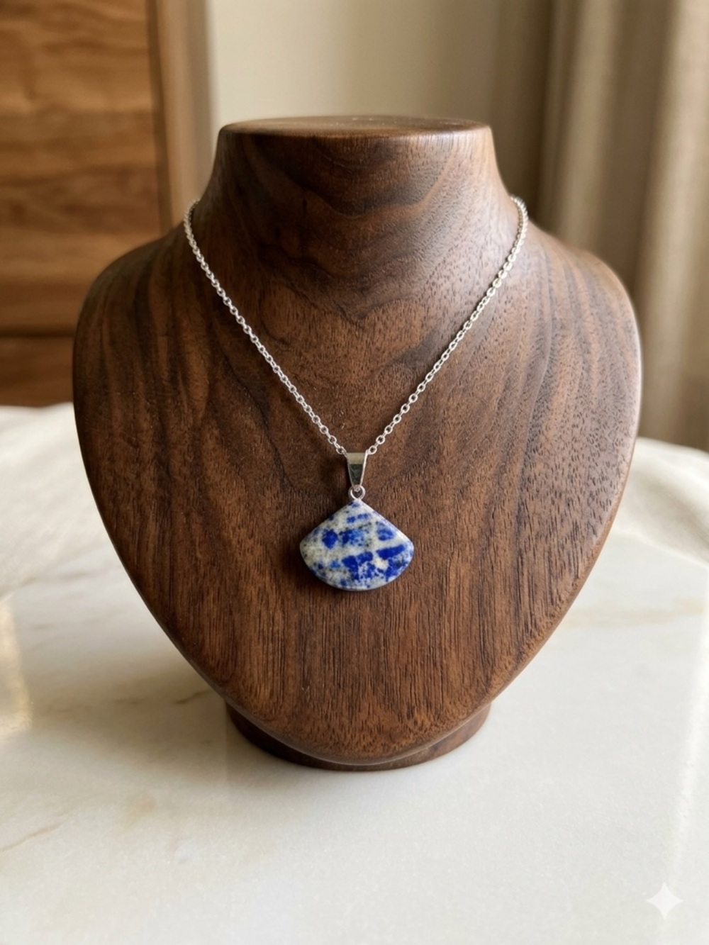 New S925 Sterling Silver Chain Necklace Artisan Blue Lapis Lazuli Fan Pendant - Picture 6 of 12